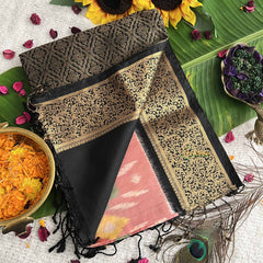 Vriksham Elegant Dual-Tone Baby Pink Ikat Design With Rich Black Zari Border Pure Soft Silk Saree-VS4837