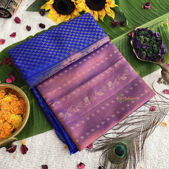 Vriksham Dual Tone Pink  Floral Design With Blue Border Pure Soft Silk Saree-VS4845