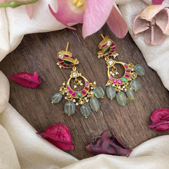 Peacock Jadau Kundan Earrings-Aqua Green Beads-J2427
