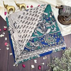 Vriksham Blue & Green Kalamkari Cotton Saree With Gatti Border-VS4535