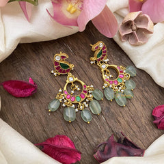 Peacock Jadau Kundan Earrings-Aqua Green Beads-J2427
