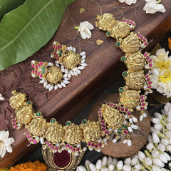 Vriksham Lakshmi Pendant With Gold Plated Peacock Style Kundan Jadau Short Neckpiece-Red Green-Rice Pearl-J3349