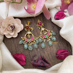 Jadau Kundan Chandbali Earrings-Aqua Green Beads-J2449