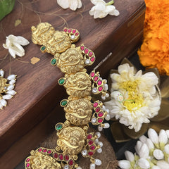 Vriksham Lakshmi Pendant With Gold Plated Peacock Style Kundan Jadau Short Neckpiece-Red Green-Rice Pearl-J3349