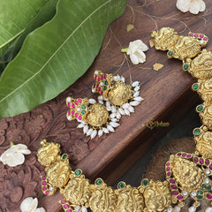 Vriksham Lakshmi Pendant With Gold Plated Peacock Style Kundan Jadau Short Neckpiece-Red Green-Rice Pearl-J3349