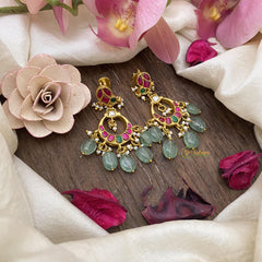Jadau Kundan Chandbali Earrings-Aqua Green Beads-J2449