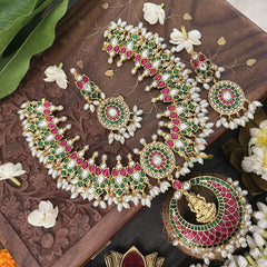 Vriksham Lotus Designer Red White Green Kundan Jadau Guttapusalu Neckpiece-Rice Pearl-J3367