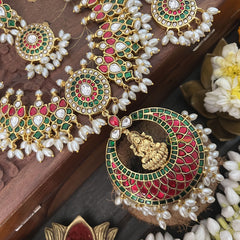 Vriksham Lotus Designer Red White Green Kundan Jadau Guttapusalu Neckpiece-Rice Pearl-J3367