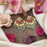 Half Moon Jadau Kundan Earrings-Off White pearls-Green Beads-J2448