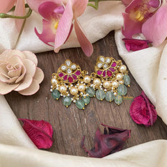 Half Moon Jadau Kundan Earrings-Off White pearls-Green Beads-J2448