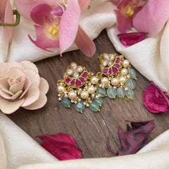 Half Moon Jadau Kundan Earrings-Off White pearls-Green Beads-J2448