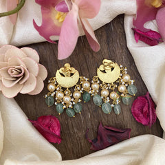 Half Moon Jadau Kundan Earrings-Off White pearls-Green Beads-J2448