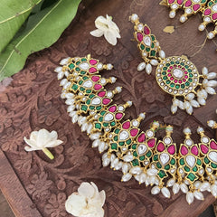 Vriksham Lotus Designer Red White Green Kundan Jadau Guttapusalu Neckpiece-Rice Pearl-J3367