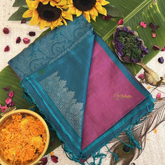 Vriksham Dual-Tone Onion With Teal Blue & Golden Border Pure Soft Silk Saree-VS4839