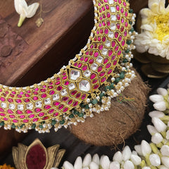 Vriksham Designer Red White Kundan Jadau Neckpiece-Green Bead-Pearl-J3366