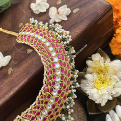 Vriksham Designer Red White Kundan Jadau Neckpiece-Green Bead-Pearl-J3366