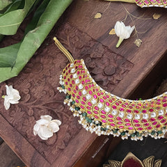 Vriksham Designer Red White Kundan Jadau Neckpiece-Green Bead-Pearl-J3366