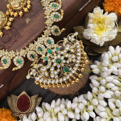 Vriksham Dual Peacock Maanga Style Kundan Jadau Short Neckpiece-White Green-Gold Bead-J3358