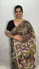 Vriksham Mehndi Green Color Kalamkari Cotton Saree With Gatti Border-VS4550