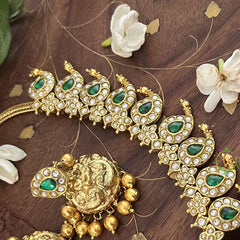 Vriksham Dual Peacock Maanga Style Kundan Jadau Short Neckpiece-White Green-Gold Bead-J3358