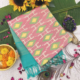 Vriksham Pitch Ikat Design With Bright Teal Border Pure Soft Silk Saree-VS4852