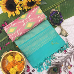 Vriksham Pitch Ikat Design With Bright Teal Border Pure Soft Silk Saree-VS4852