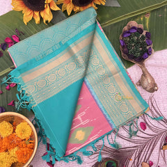 Vriksham Pitch Ikat Design With Bright Teal Border Pure Soft Silk Saree-VS4852