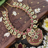 Vriksham Dual Peacock Style Kundan Jadau Short Neckpiece-White Red Green-J3357