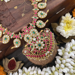 Vriksham Dual Peacock Style Kundan Jadau Short Neckpiece-White Red Green-J3357