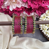 Vriksham Traditional Pink Glass Bangle Set With Emerald Grace Kundan Detailing-G19829
