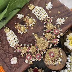 Vriksham Lakshmi Double Pendant With Layer Pearl Beaded Maala neckpiece-Gold Bead-J3365