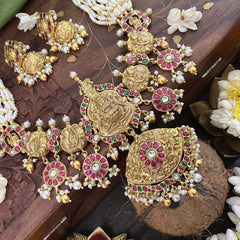 Vriksham Lakshmi Double Pendant With Layer Pearl Beaded Maala neckpiece-Gold Bead-J3365