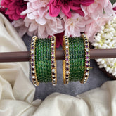 Vriksham Amethyst Royale Green Glass Bangle Set with Crystal Kundan Borders-G19832