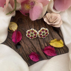 Floral Jadau Kundan Studs-Red Green-J2420