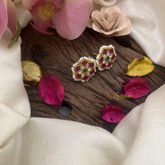 Floral Jadau Kundan Studs-Red Green-J2420