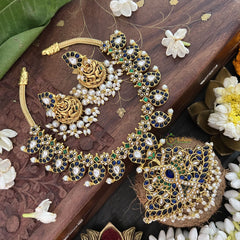 Vriksham Maanga Floral Pendant Style Kundan Jadau Short Neckpiece-Blur Green-Rice Pearl-J3348