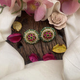 Floral Jadau Kundan Studs-Aqua Green Beads-J2421