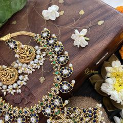 Vriksham Maanga Floral Pendant Style Kundan Jadau Short Neckpiece-Blur Green-Rice Pearl-J3348