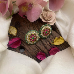 Floral Jadau Kundan Studs-Aqua Green Beads-J2421