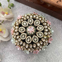 Vriksham Multi-Color Pastel Floral & Green Kundan Bun Cover With Hair Bun Cage Accessory-H1286