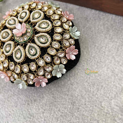 Vriksham Multi-Color Pastel Floral & Green Kundan Bun Cover With Hair Bun Cage Accessory-H1286