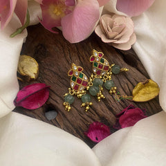 Designer Jadau Kundan Earrings-Golden pearls-Green Beads-J2447