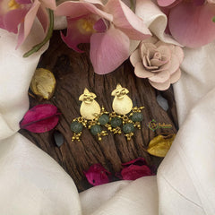 Designer Jadau Kundan Earrings-Golden pearls-Green Beads-J2447