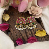 Jadau Kundan Floral Studs-Lotus-Pearl-J2410