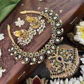 Vriksham Maanga Floral Pendant Style Kundan Jadau Short Neckpiece-Blur Green-Rice Pearl-J3348