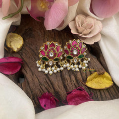 Jadau Kundan Floral Studs-Lotus-Pearl-J2410