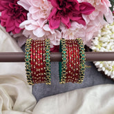 Vriksham Starry Bloom Red Glass Bangles with Floral Emerald Kundan Work-G19839