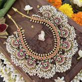 Vriksham 9 Peacock With Floral Style Short Jadau Guttapusalu Neckpiece-Rice Pearl-J3343