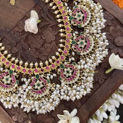 Vriksham 9 Peacock With Floral Style Short Guttapusalu  Neckpiece-Rice Pearl-J3343