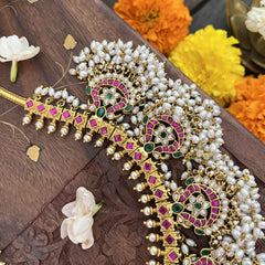 Vriksham 9 Peacock With Floral Style Short Guttapusalu  Neckpiece-Rice Pearl-J3343